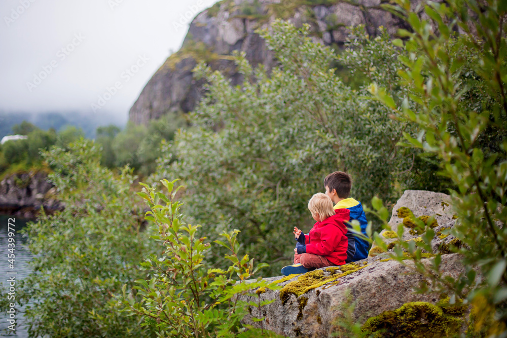 Beautiful children, cute boys, sitting on a rock on the edge of a fjord in Lofoten