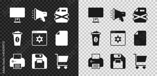Set Computer monitor, Megaphone, Delete file document, Printer, Floppy disk, Shopping cart, Coffee cup go and Browser setting icon. Vector