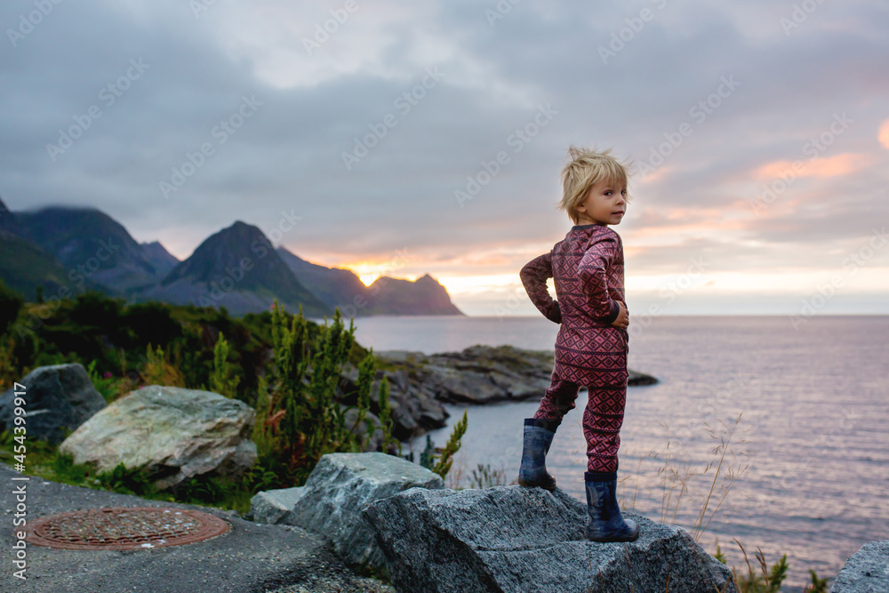 Cute child, enjoying amazing view from a rock in Husoy on Senja island, North Norway. Amazing beautiful landscape and splendid nature in scandinavian country