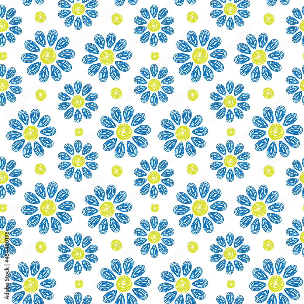 Beautiful blue-yellow flowers isolated on white background. Cute floral seamless pattern. Vector simple flat graphic hand drawn illustration. Texture. Beautiful blue-yellow flowers isolated on white background. Cute floral seamless pattern. Vector simple flat graphic hand drawn illustration. Texture.