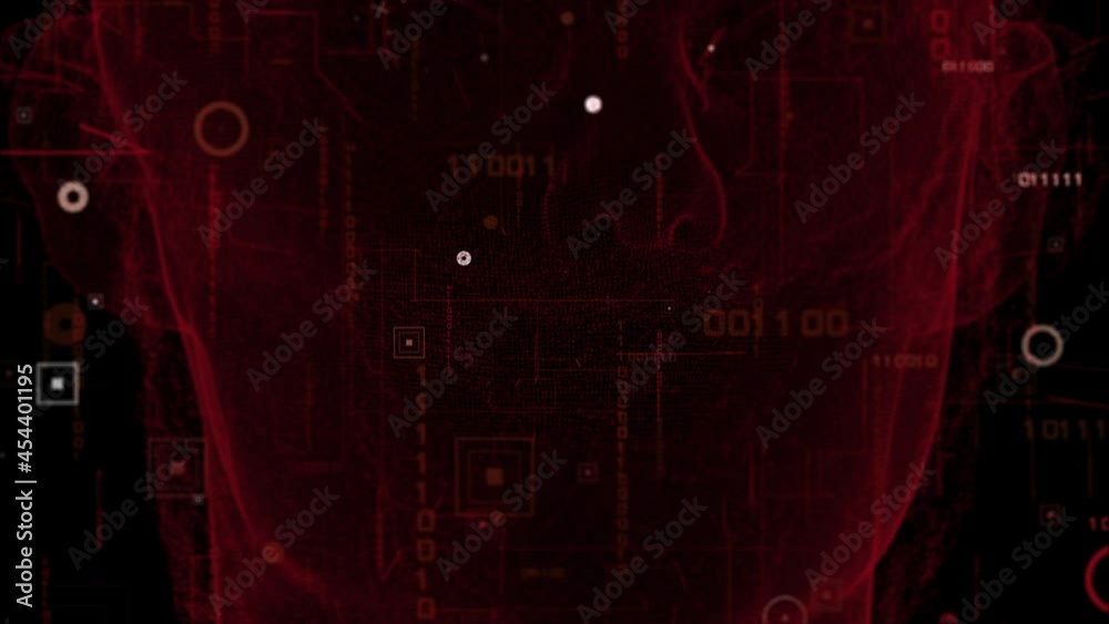 Digital binary code background and Virtual face. Fly through abstract ...
