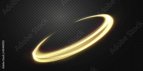 Luminous gold wavy line of light on a transparent background. Gold light, electric light, light effect png. Curve gold line png for games, video, photo, callout, HUD. Isolated vector illust 