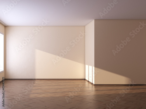Empty Room with Beige Walls, Parquet Flooring and a Brown Plinth. 3D Illustration, 7680x5760, 300 dpi