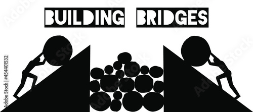 Bild auf Leinwand Men rolling stones uphill, hard work and persistence, building bridges, teamwork