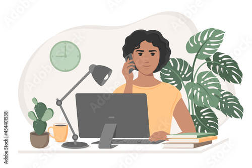 Distance work. Woman sitting at a desk with computer responding to a call. Freelance, studying or online Education concept. Vector illustration in flat style