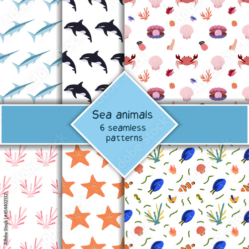 Set with six sea animal seamless pattern with killer whale, swordfish and coral, crab starfish and seashall. Undersea world habitants print. Hand drawn underwater life collection.