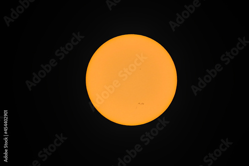 Centered view of the Sun with two active sunspot regions seen in Killarney, Ireland on 28 August, 2021. Image captured with use of solar eclipse filter