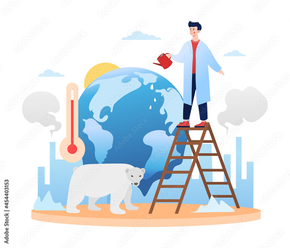 Global warming, climate change, temperature rising and animal extinction.  Man standing on ladder and watering planet. Flat abstract metaphor cartoon  vector concept design isolated on white background Stock Vector | Adobe  Stock
