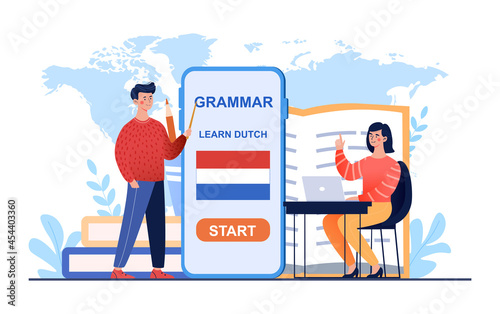 Female teacher explain male student grammar rules. Distant education technology for language school. Flat illustration cartoon vector concept web banner design poster isolated on white background