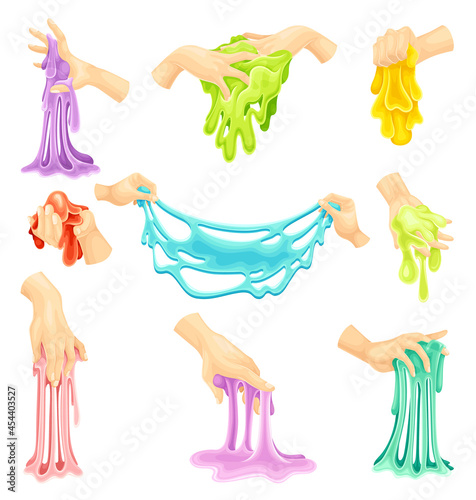 Human Hand Holding Slime as Viscous Colorful Toy Vector Set