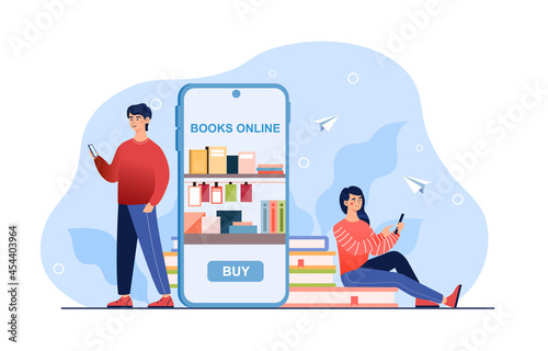Online bookshop. Teens with smart gadgets use app for reading, buying and downloading books. Ready for school. Flat illustration cartoon vector concept web banner design isolated on white background