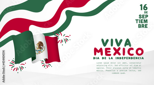 Banner illustration of Mexico independence day celebration. Translation: September 16, Long live Mexico, Independence Day! Waving flag and hands clenched. Vector illustration.