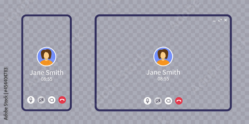Video call screen on smartphone and tablet isolated on transparent. Active call interface with mic icon, chat, phone and woman avatar, abstract zoom mockup for home office and conference.