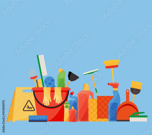 Assorted cleaning items set with brooms, bucket, mops, spray, brushes, sponges. Cleaning accessories flat style.