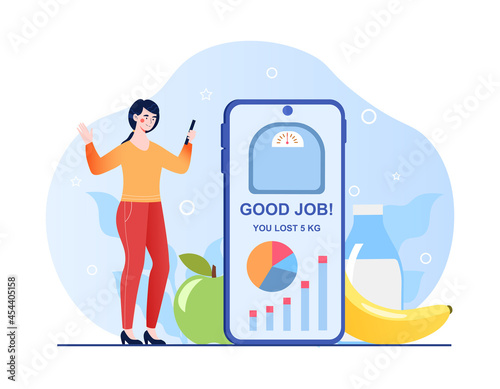 Happy young girl use weight loss app to control food consumption. Positive result in diet program. Flat abstract metaphor vector cartoon illustration concept isolated on white background