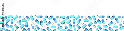 Medicines. Seamless illustration with pills and capsules. Medicinal drugs. Pharmaceuticals. Ambulance. Flat design. Isolated on white background. Vector