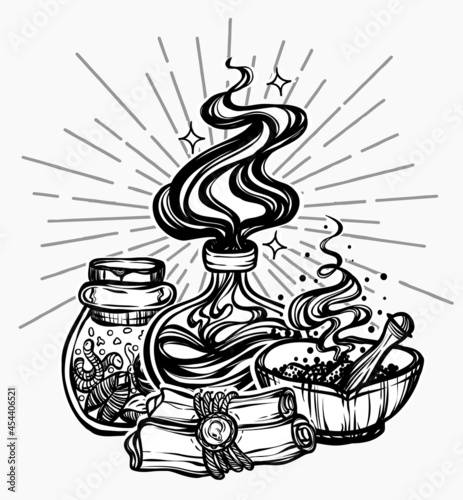 Vector illustration, Halloween, mystic, witchcraft, bottles of potion. handmade, prints, tattoo