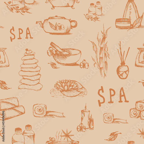 Vector Spa background template isolated. doodle spa elements, seamless pattern, vector illustration. Massage and spa concept, background for beauty saloon, gift wrapping, design. day spa photo