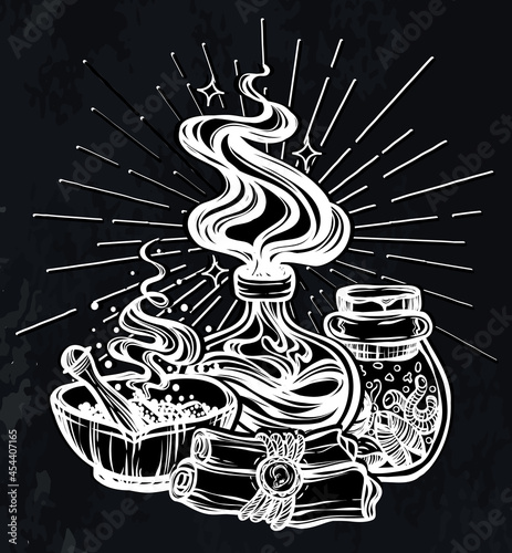 Vector illustration, Halloween, mystic, witchcraft, bottles of potion. handmade, prints, tattoo, background  chalkboard