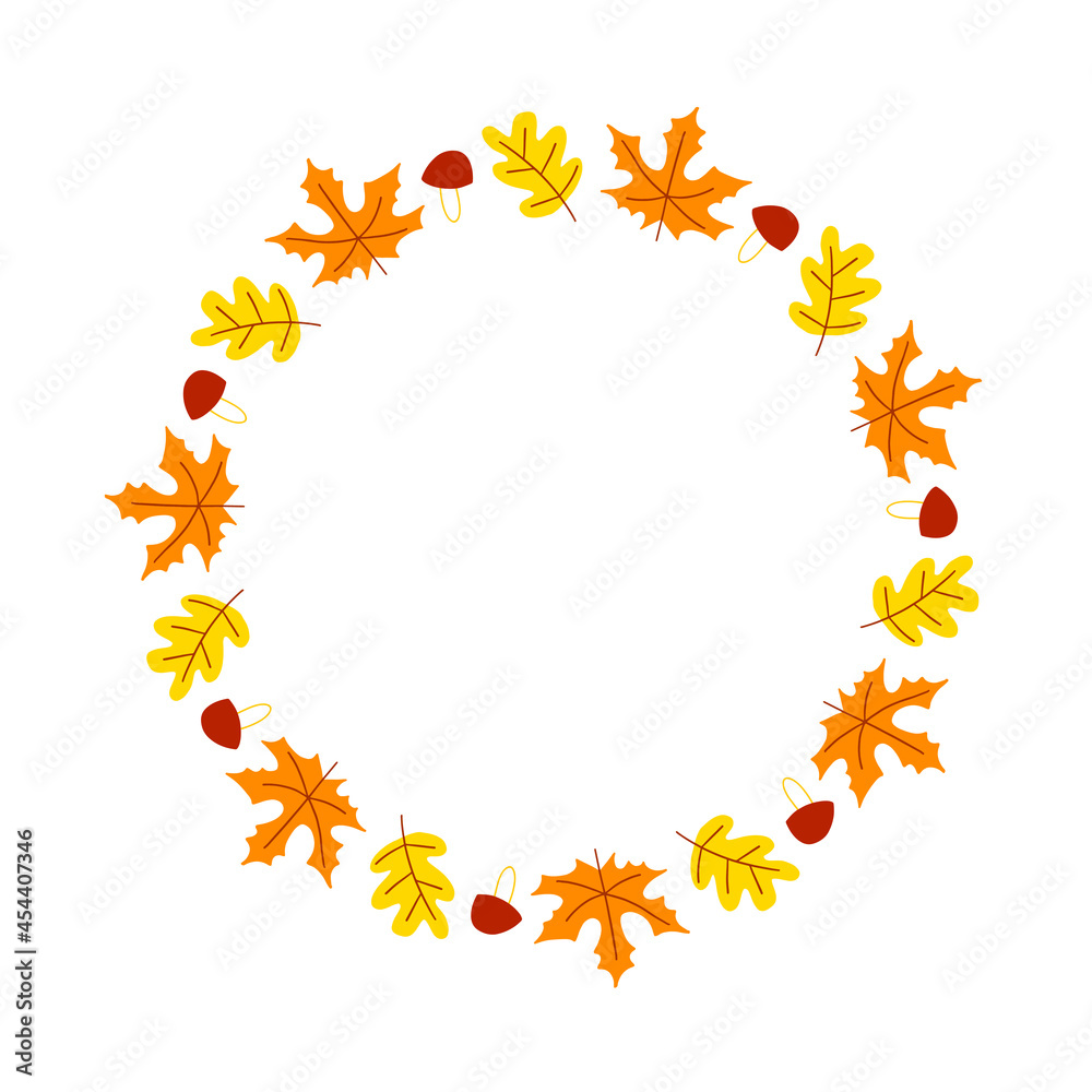 Vector wreath of autumn leaves and fruit in watercolor style. Beautiful round wreath of yellow and red leaves, acorns, berries, cones and branches. Decor for invitations, greeting cards, posters. Vector wreath of autumn leaves and fruit in watercolor style. Beautiful round wreath of yellow and red leaves, acorns, berries, cones and branches. Decor for invitations, greeting cards, posters.