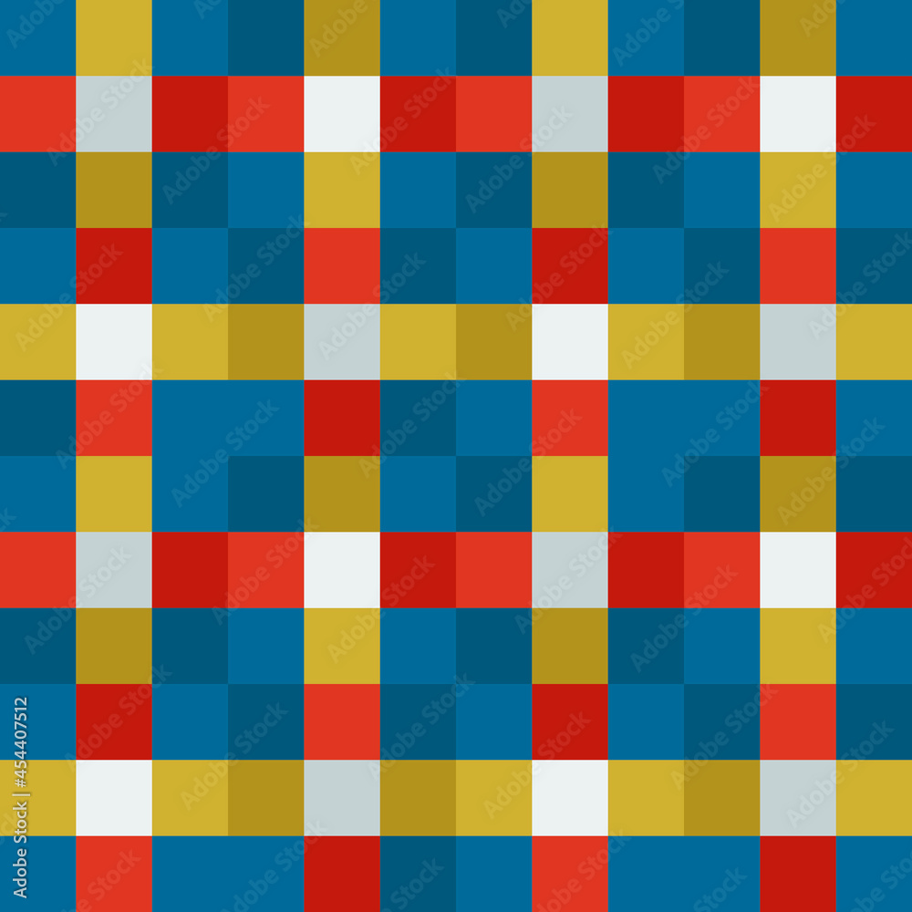 Blue and red and yellow squares make repeated sample. Vector pixel pattern.