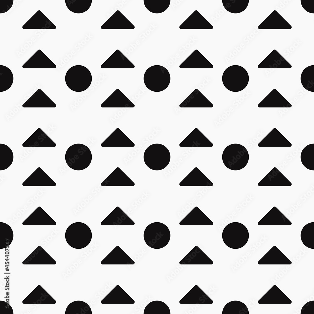 Black triangles and circles seamless pattern. Vector black shapes and white wallpaper. Black triangles and circles seamless pattern. Vector black shapes and white wallpaper.