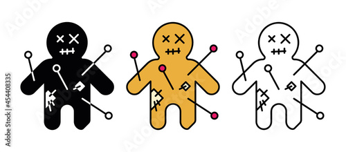 Doll, needle prick in cursed doll icon set. Set for Halloween concept. Set of colored and silhouette linear icons.