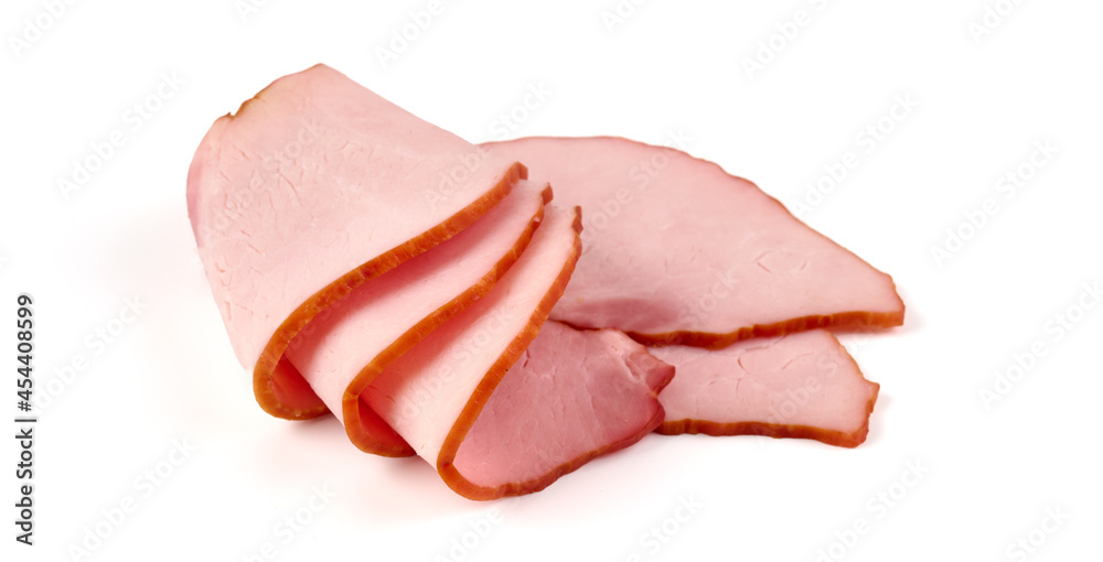 Sliced smoked pork loin, isolated on white background. Sliced smoked pork loin, isolated on white background.