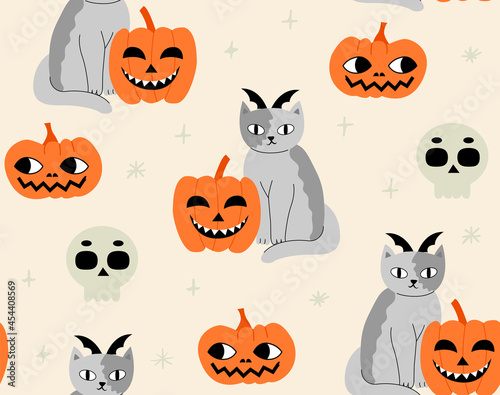 Halloween seamless pattern with gray cats, scull and pumpkins. Hand drawn vector background