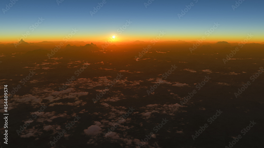 Climate change, panoramic view of a mountain range in a desert area at dawn. Raising the temperature. Arid and dry areas. Mountains and clouds. Global warming. Sunset. Aerial view. 3d rendering