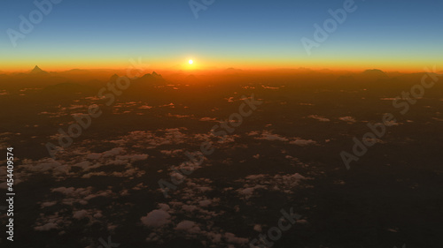 Climate change, panoramic view of a mountain range in a desert area at dawn. Raising the temperature. Arid and dry areas. Mountains and clouds. Global warming. Sunset. Aerial view. 3d rendering © Naeblys