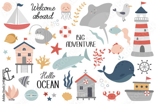 Marine set. Ocean life. Underwater world. Lighthouse, seagull, boat, beach house, shark, stingray, jellyfish, fish, corals, seaweed, shells, steering wheel, lifebuoy, pearl, crab. Vector illustration