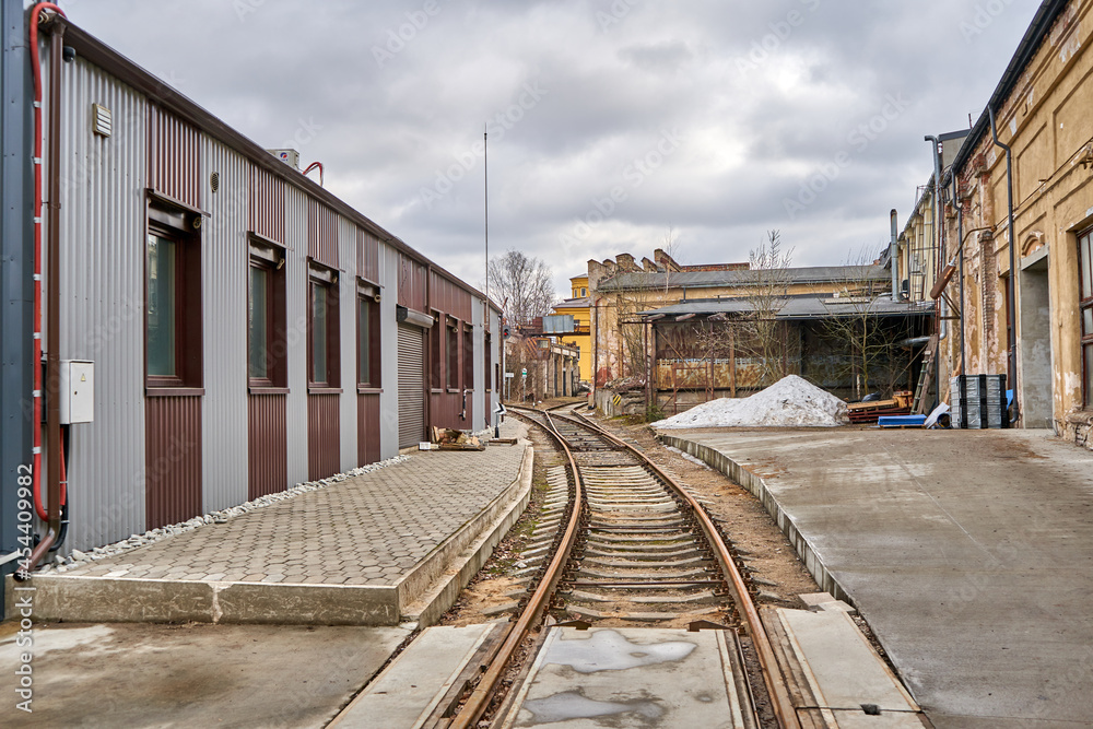 Railway tracks in the factory yard. 