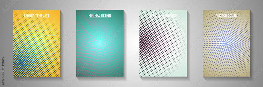 Random circle perforated halftone cover page templates vector series. Geometric booklet faded