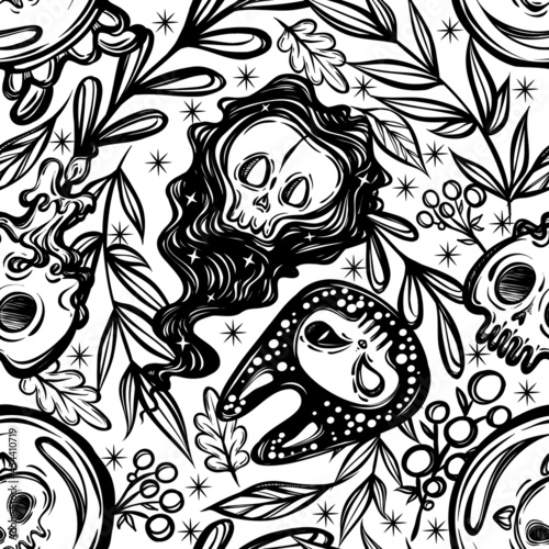 Vector illustration, Halloween, crystal ball, candle, ghost, mystic, witchcraft, witch hat. handmade, prints, background white, seamless pattern