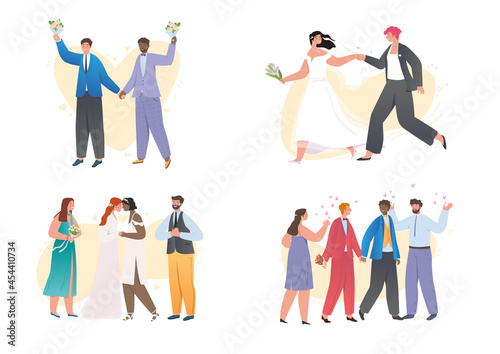 Collection of newlyweds with non traditional orientation. Wedding between gays and lesbians. LGBT couples and happy families. Gender relations. Cartoon flat vector set isolated on white background