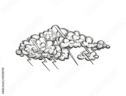 Vector thundercloud, illustration in engraved style. Hand drawn storm cloud with zippers, pencil sketch. 