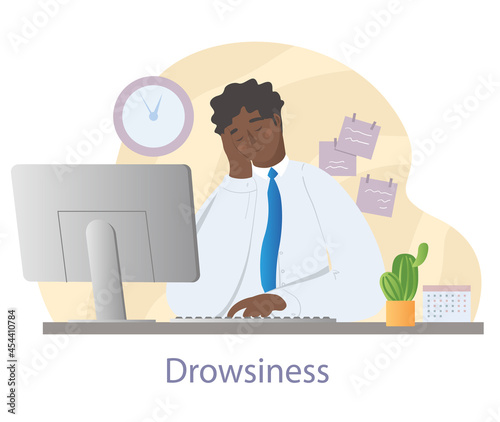 Morning drowsiness at work concept. Man sitting at his desk in front of computer and falls asleep. Tired employee in office. Cartoon modern flat vector illustration isolated on white background