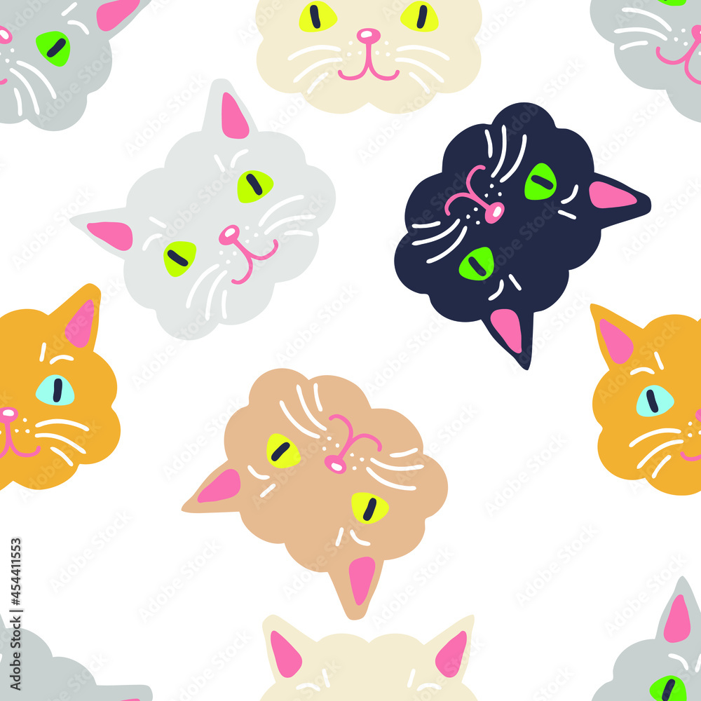 Multicolor seamless pattern with cute cat faces. Perfect for T-shirt, textile and prints. Doodle vector illustration for decor and design.
