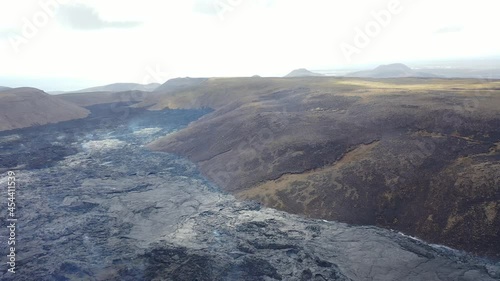 Aerial over lava flows and fields at the Fagradaslfjall volcano on the Reykjanes Peninsula, Iceland. photo