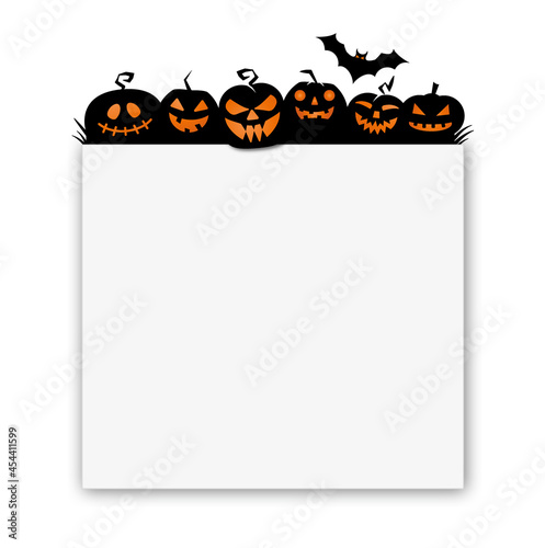 Halloween greeting card with six laughing pumpkinss and a bat