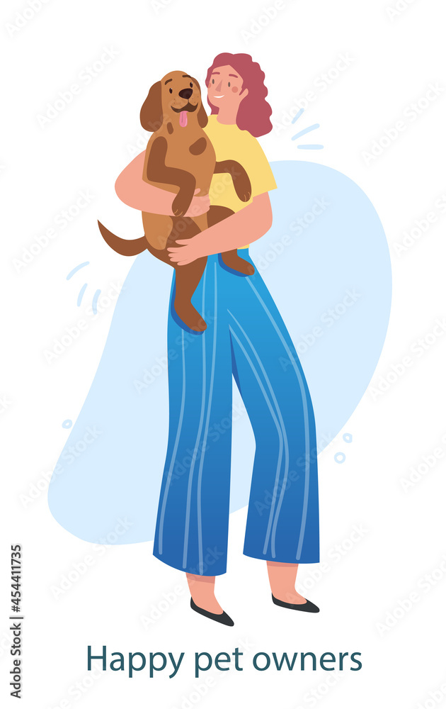 Woman with her favorite pet. Female character holds cute dog in her hands. Taking care of animals. Happy puppy friends with person. Cartoon flat vector illustration isolated on white background Woman with her favorite pet. Female character holds cute dog in her hands. Taking care of animals. Happy puppy friends with person. Cartoon flat vector illustration isolated on white background