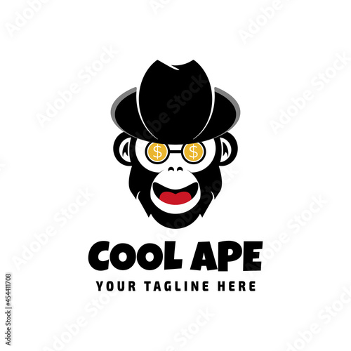Crypto Monkey Cowboy with Dollar Coin Glasses. Blockchain Business Logo Concept