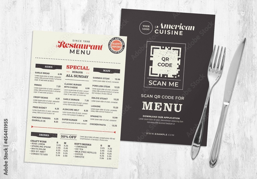 Restaurant Menu Flyer with QR Code Placeholder Template Stock | Adobe Stock