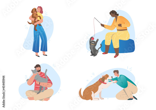 Collection of Happy Pet Owners. Men and women together with their cats and dogs. Love for animals and care for them. Hugs, play and tenderness. Cartoon flat vector set isolated on white background