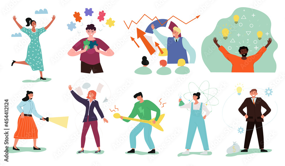 Collection of people in various states and professions. MBTI person. Men and women with guitar, puzzles, light bulb and chemicals. Mental state. Cartoon flat vector set isolated on white background