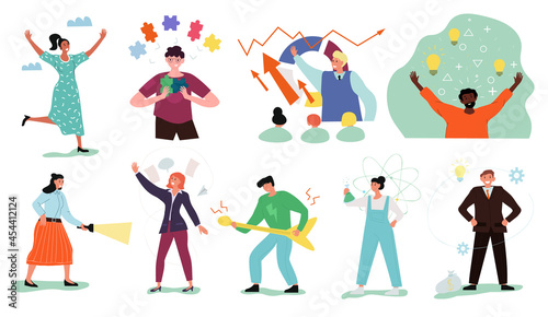 Collection of people in various states and professions. MBTI person. Men and women with guitar, puzzles, light bulb and chemicals. Mental state. Cartoon flat vector set isolated on white background
