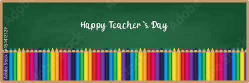 Happy teachers day vector illustration with chalk board, colorful crayons, pencils and pens. Typography design with chalk letters for greeting card or web banner