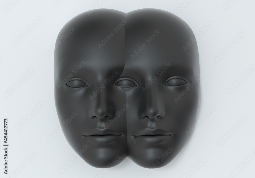 Surreal 3d illustration of two сonjoined faces in a wall. Concept of psychological and mental health issues. Surreal 3d illustration of two сonjoined faces in a wall. Concept of psychological and mental health issues.