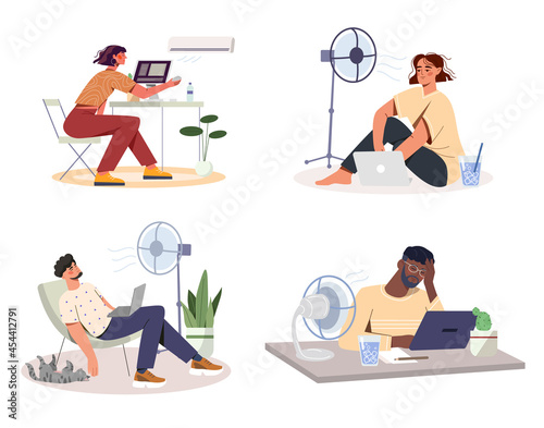 Cooling devices at work. Collection of exhaustion employees sitting under fan or air conditioner. Rescue in hot weather. Cooling of workplace. Cartoon flat vector set isolated on white background